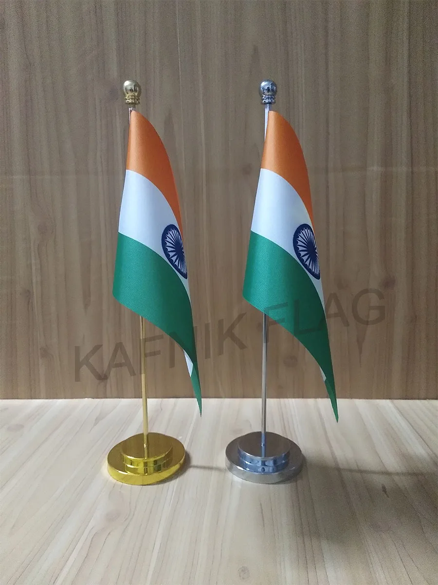 

KAFNIK,India Office table desk flag with gold or silver metal flagpole base 14*21cm country flag free shipping