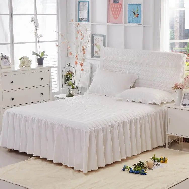 

Quilted Bedding set 3Pcs Bed skirt Pillowcases Pink Beige King/Queen/Full size Bedsheet mattress protective cover