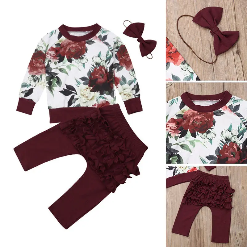 

Fashion Autumn Toddler Infant Baby Girl Flower Tops Ruffle Pants Leggings 3PCS Outfits Clothes