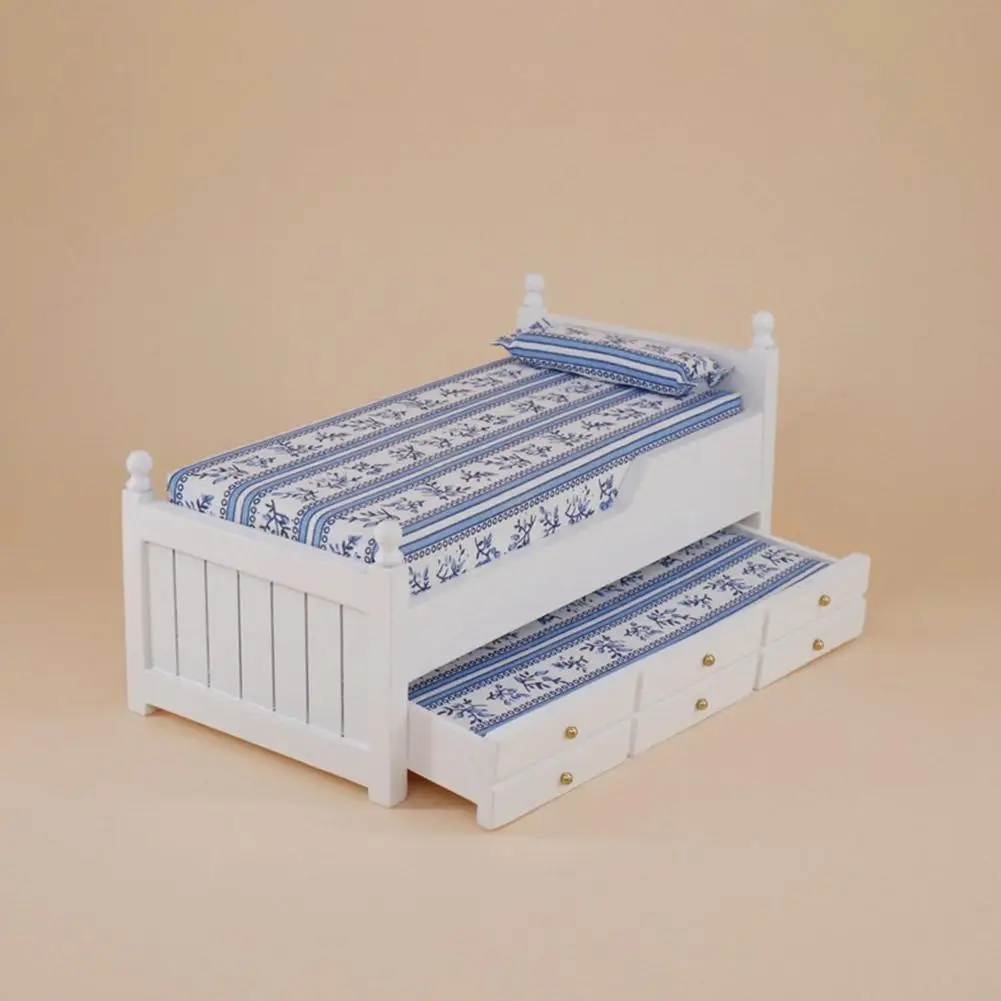  Wooden Mini Bunk Bed with Drawer for 1:12 Doll House Decor Random Color