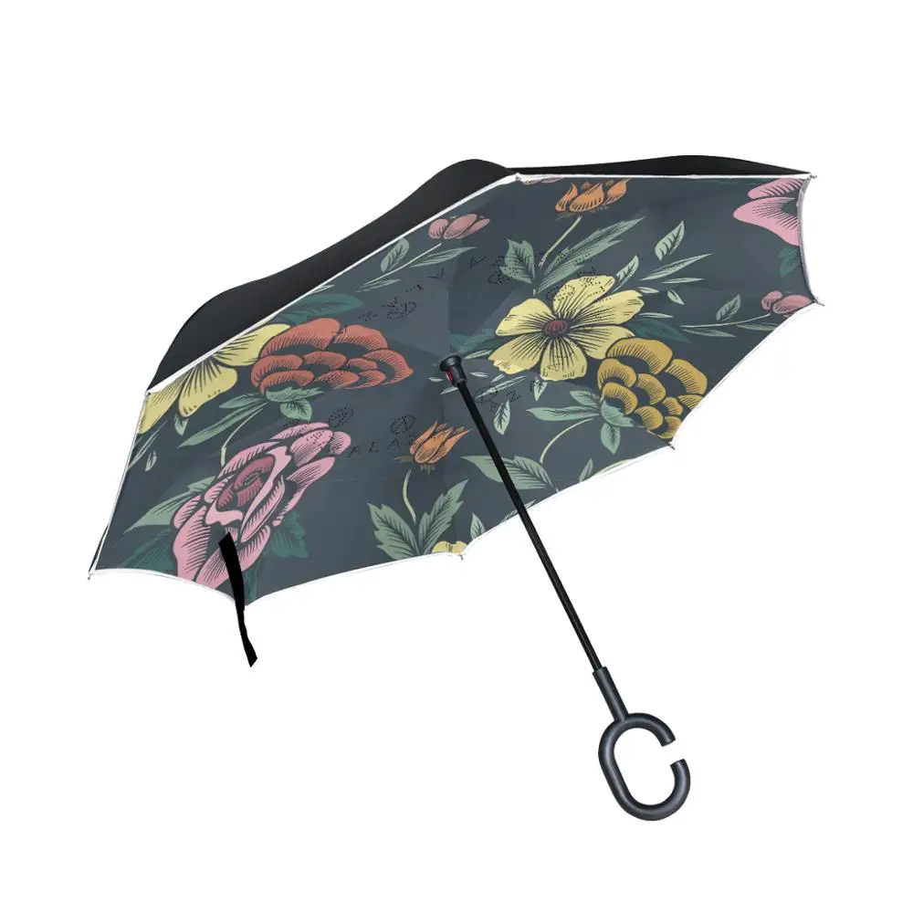 

Susino Ink Painting Pink Flower Stick Umbrella Reverse Umbrella Inverted Upside Down Double Layer Windproof Umbrella