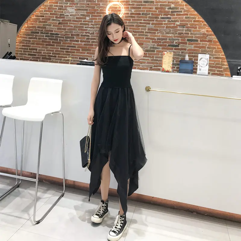 

Korea New Casual Elegant 2019 Summer Dress Women Black Mesh Party Sexy Asymmetrical Backless Femme Ball Gown Dresses Vestido