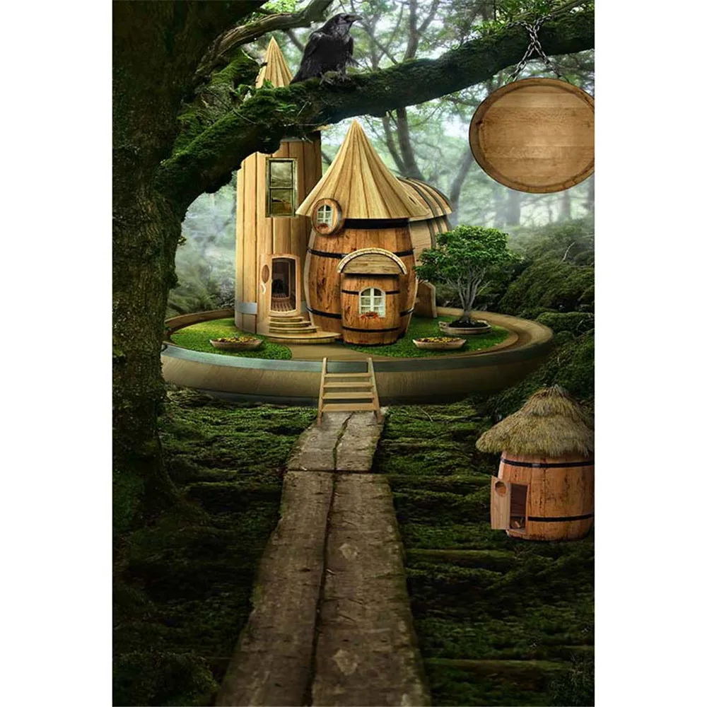 Fairy Tale Forest Backdrop for Photography Printed Wooden Houses Stone Path Tree Kids Children Party Themed Photo Background | Электроника