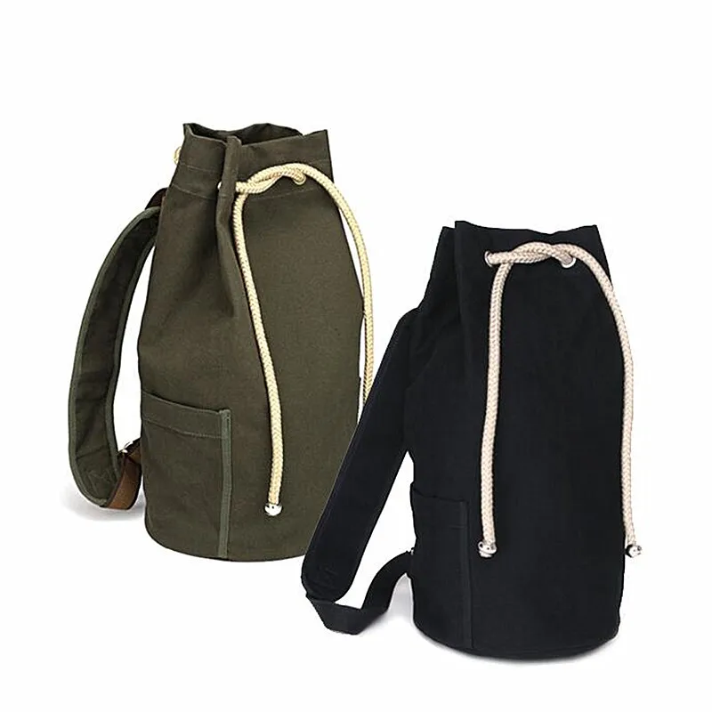Large Capacity Men Leisure Drawstring Backpack Canvas Bucket Bag Unisex