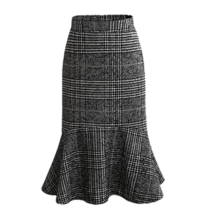 Осенняя и зимняя юбка, Новая модная женская юбка с высокой талией, сексуальная твидовая шерстяная юбка рыбий хвост, клетчатая юбка Jupe Tail Haute