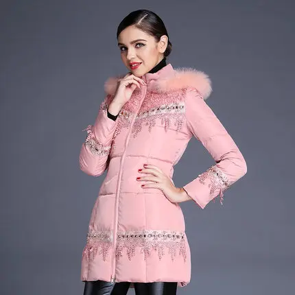Cheap 2015 New Hot Winter Thicken Warm Woman Down jacket Coat Parkas Outerwear Plus Size 2XXL Long Hooded Fox Fur collar Luxury Lace