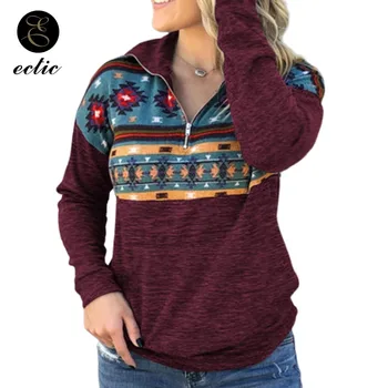 Vintage Retro Hoodie Geometric Print Hoodie Poleron Mujer 2019 Ulzzang Long Sleeve Half Zip Hoodie 3xl Sweatshirt Women Harajuku elk snowflake geometric print christmas hoodie