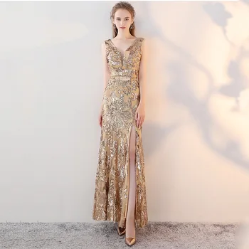 

Gold V-Neck Chinese Sexy Sequins Oriental Party Female Cheongsam Stage Show Qipao Dress Elegant Celebrity Banquet Dresses