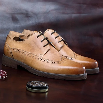 

2019 Design Round Toe Man Formal Dress Retro Shoes Natural Genuine Leather Men's Oxfords Wingtip Brogue Platform Footwear BGQ190