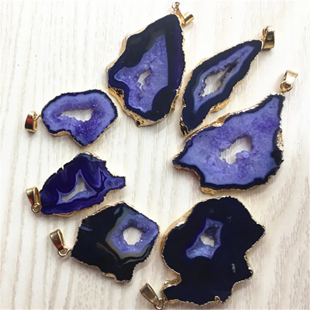 

Brazilian Natural Stone Electroplated Edged Slice Open Agates Geode Druzys Drusy Pendants For Women Necklace jewelry Making