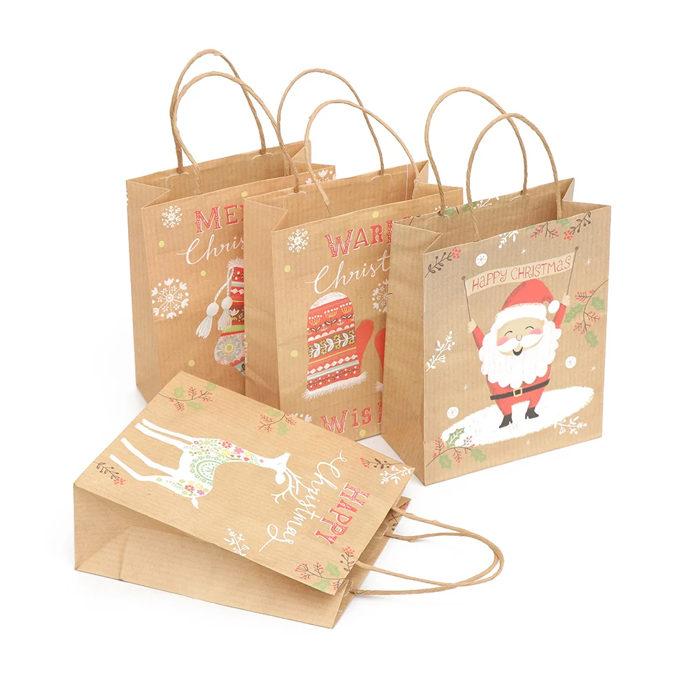 Christmas Package Kraft Paper Bags with Handle Santa Claus Elk Pattern