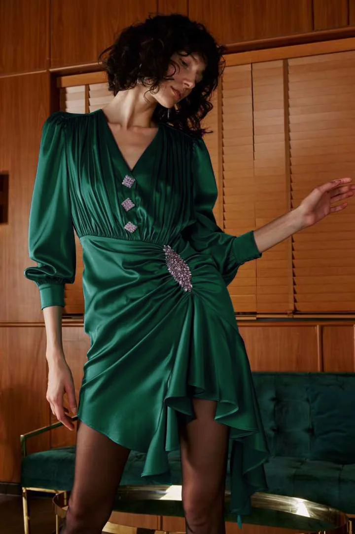 

2019 New Green long sleeve V-neck luxury crystal fishtail dress autumn spring Sexy evening Party Bodycon wholesale womens clothi