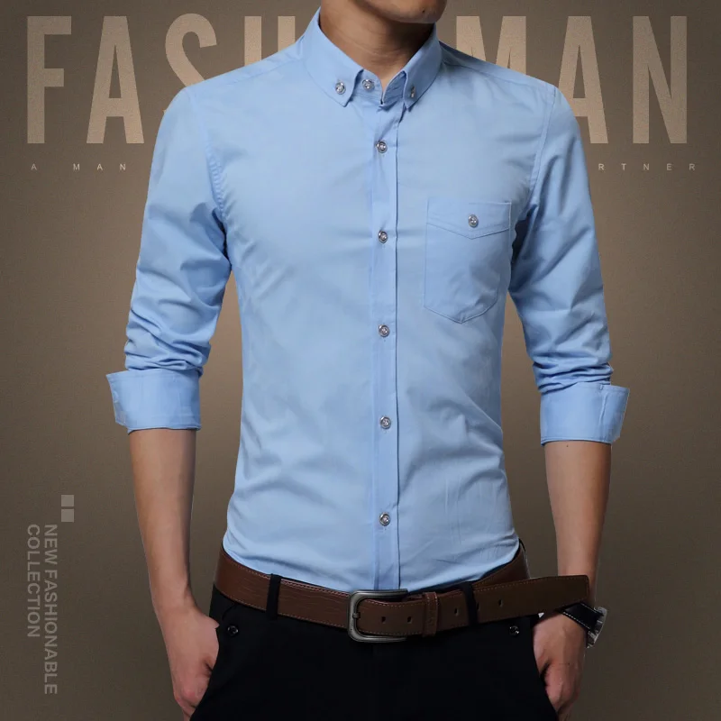 Весенняя брендовая Новинка, мужская рубашка, мужские рубашки, мужская мода, повседневная, с длинным рукавом, тонкая, деловая, официальная рубашка, camisa social masculina - Цвет: Light Blue