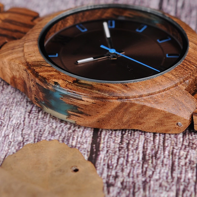 BOBO BIRD Q05 Men Quartz Watch Unique Zebrawood and Resin Conbined Case Wooden Wristwatch