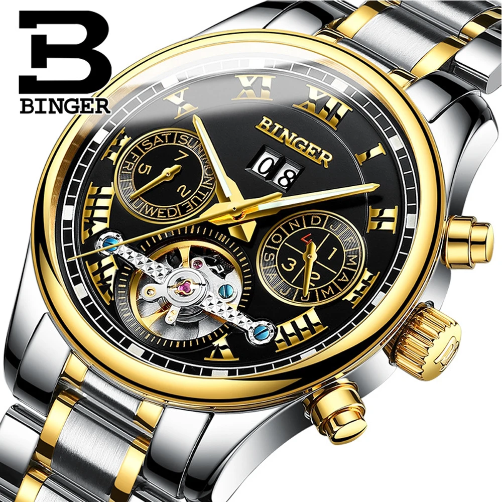 

Relogio masculino BINGER Men's Automatic Mechanical Watch Tourbillon sapphire luminous Business Automatico Wristwatch with box