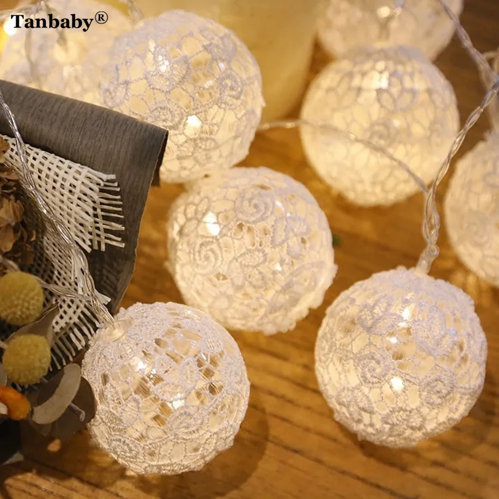 Tanbaby 10 piezas de encaje de Color algodón bolas de luz LED de cadena blanco cálido 6 cm trébol bola luces de hadas para nuevo año Luces Deco