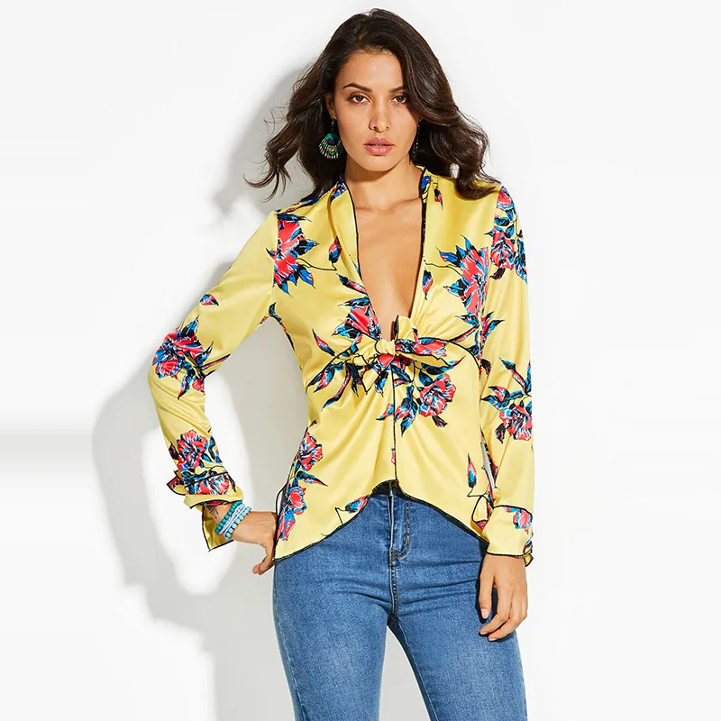 Women Yellow Floral Print Shirts Deep V Neck Stain Silk Long Sleeve