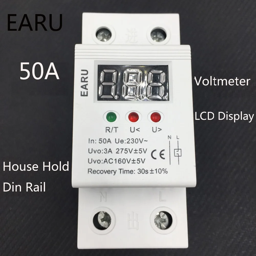 

1 pc 50A 220V Self Recovery Automatic Reconnect Over & Under Voltage Protector Lightening Protection Relay LCD Voltmeter Monitor