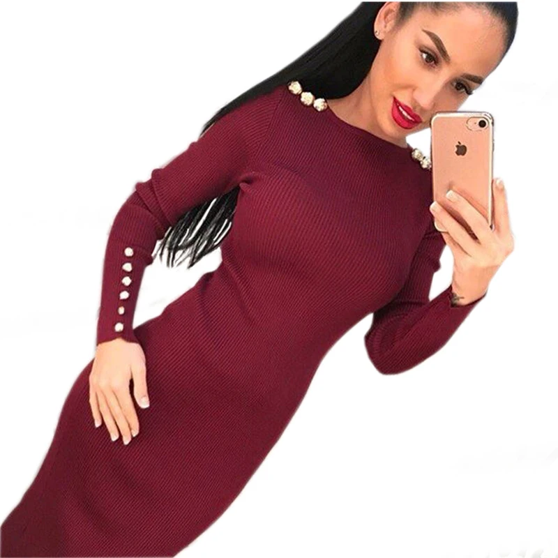 

Monroo Fashion Women Sexy Bodycon Dress Autumn Winter Knitted Midi Dress Vestdos Solid Long Sleeve Package Hip Dress Vestidos