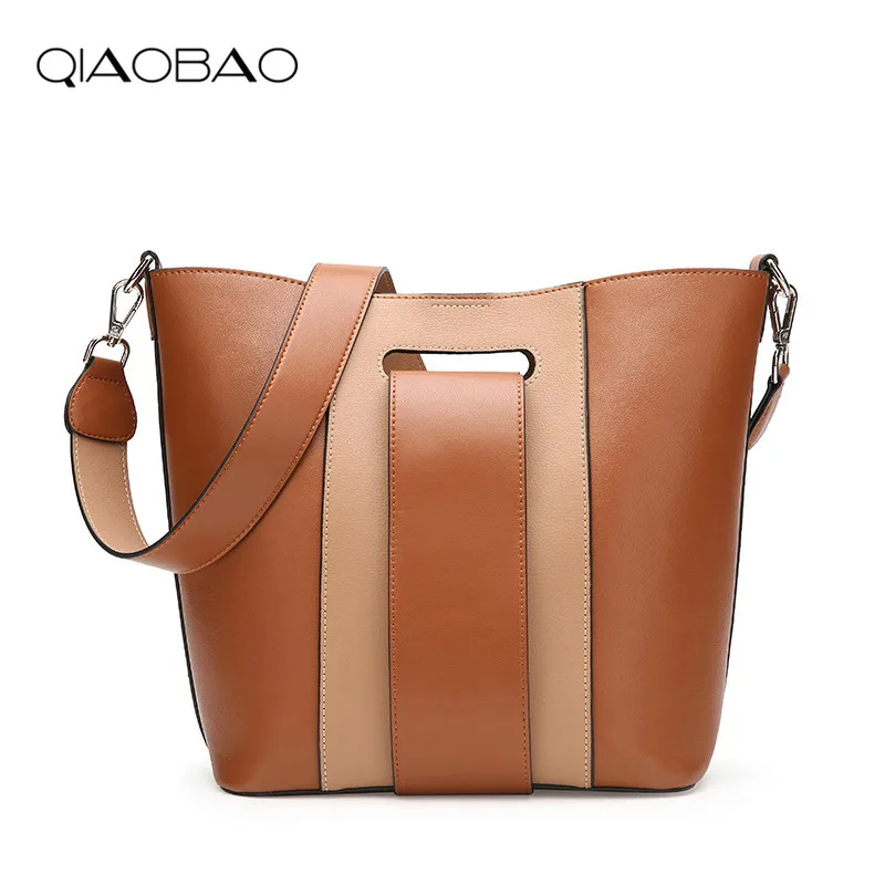 

QIAOBAO Women Handbag 100% Genuine Leather Single Shoulder Bag Design Cowhide Lady Casual Shopping Composite Bag Bucket Tote Bag