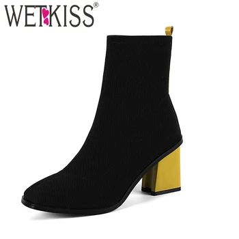 

WETKISS 2018 New Leather Stretch Women Boots High Heels Sock Bootie Winter Warm Square Toe Shoes Lady Autumn High Neck Footwear