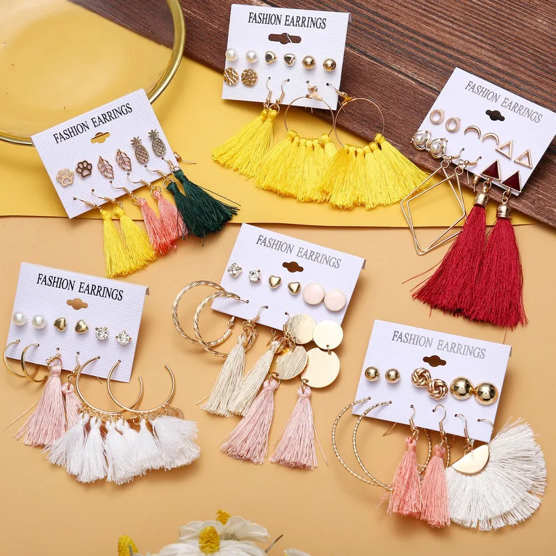 

New Design Tassel Stud Earrings Set For Women Girl 2019 Bohemian Gold Flower Long Earring Female Fashion Wedding Jewelry