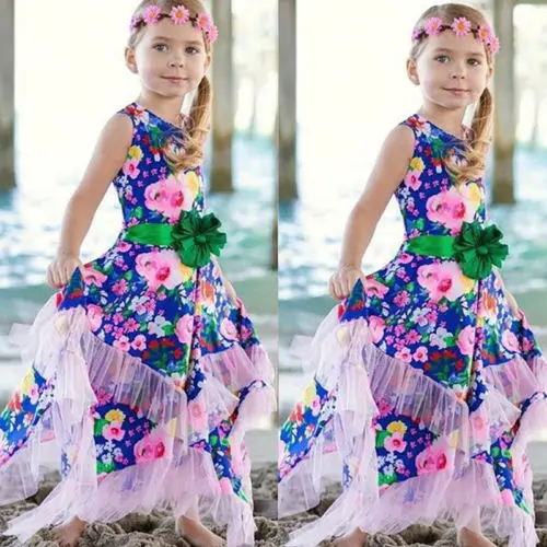 

New Arrival Princess Girl Floral Dress Kid Baby Girl Flower Tulle Party Pageant Sleeveless Long Maxi Dress Summer Girl Sundress