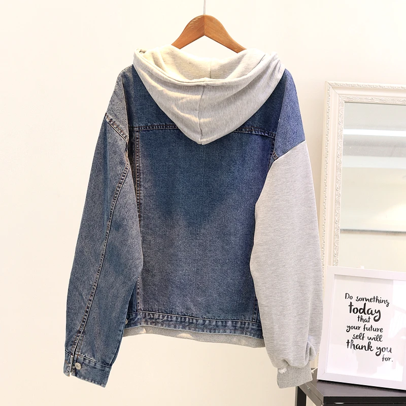 Étudiant Denim Chandail Automne Courte Noir Manteaux Capuchon Couture Lettre Femmes Impression Femelle 2018 Veste bleu Lâche Nouvelle De À zwxZZqSfX