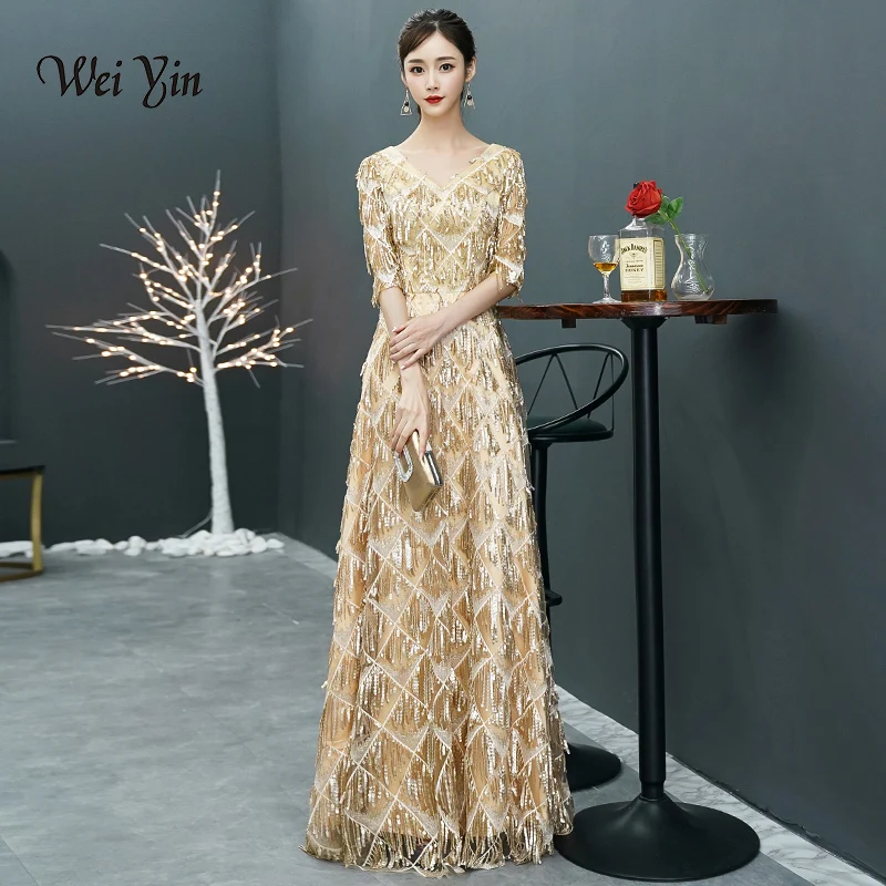 

weiyin Luxury Gold Long Sequin Evening Dress Wine Red Double V Neck Evening Gowns Sleeveless Prom Party Formal Dresses WY888