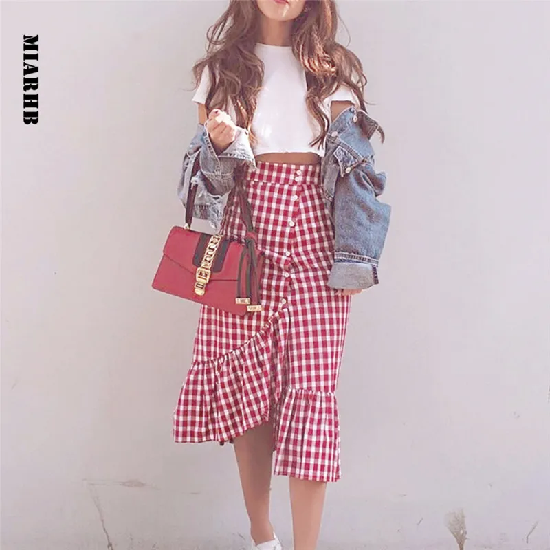 

Sunfree Women Plaid Casual Ruffled Female Skirt 2019 New Casual Womens Skirts Button Party High Waist Jupe Femme 3L45