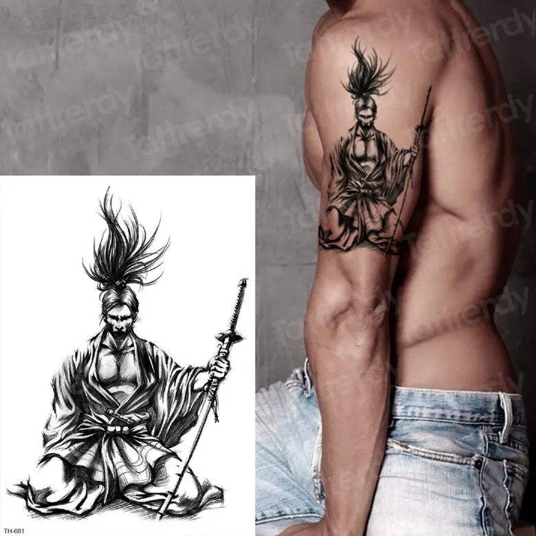 Временные татуировки, Самурайские татуировки, мужские татуировки на рукавах, эскизы тату, дизайн греческих богов, мифологические татуировки, черные, для мальчиков, Новинка - Цвет: TH681