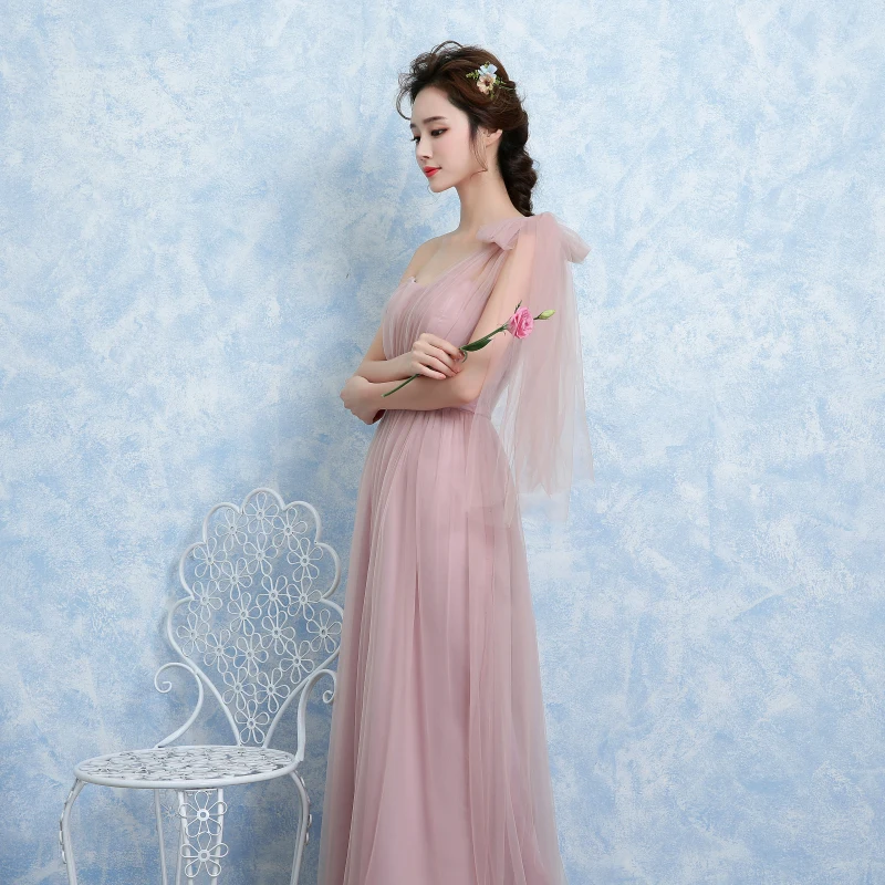 Новое пыльное розовое платье подружки невесты длинное платье с открытыми плечами из тюля милое ТРАПЕЦИЕВИДНОЕ гофрированное платье для свадьбы выпускного вечера платья под$50