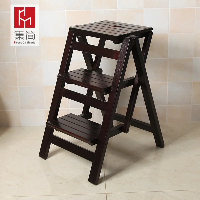 Прочный бытовой многофункциональный шаг стул-лестница складной твердой древесины три крытый скалолазание деревянный - Цвет: (Installation Free)