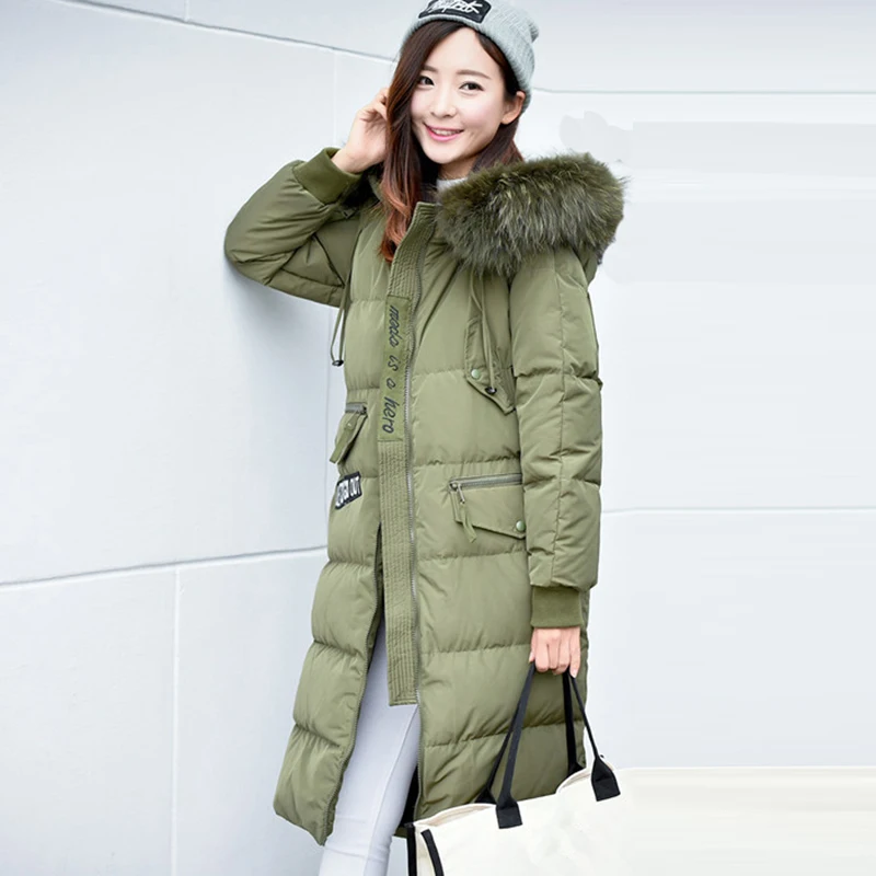 Taille Femmes Plus À Veste Thickes Manteaux Capuche Blanc Bas army Green Surdimensionné Vers Canard Le Duvet La Longue Qh0999 Col De Survêtement 2017 Noir Fourrure Top Parka 00rq5