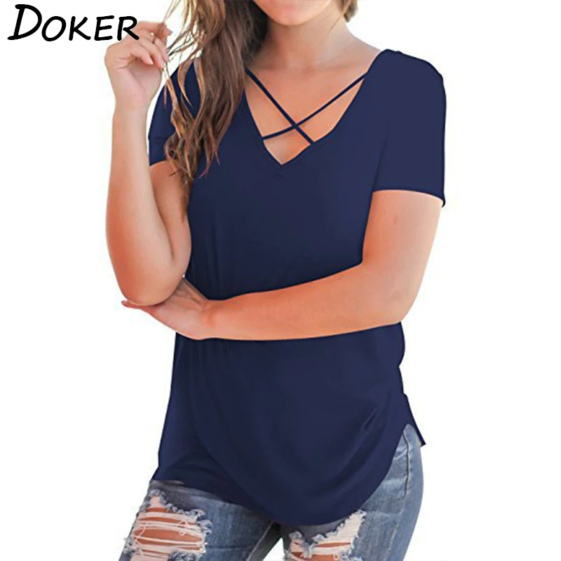 

2019 Summer New Plus Size Short Sleeve T Shirt Women Front Chest Cross V-neck Tops Women Casual Loose Cotton T-shirt 10 Colors
