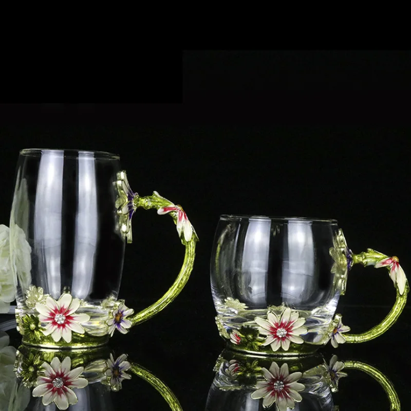 

Single Layer Daisy Enamel Cup High Temperature Resistant Flower Tea Lead free Glass Coloured Water Company Gift