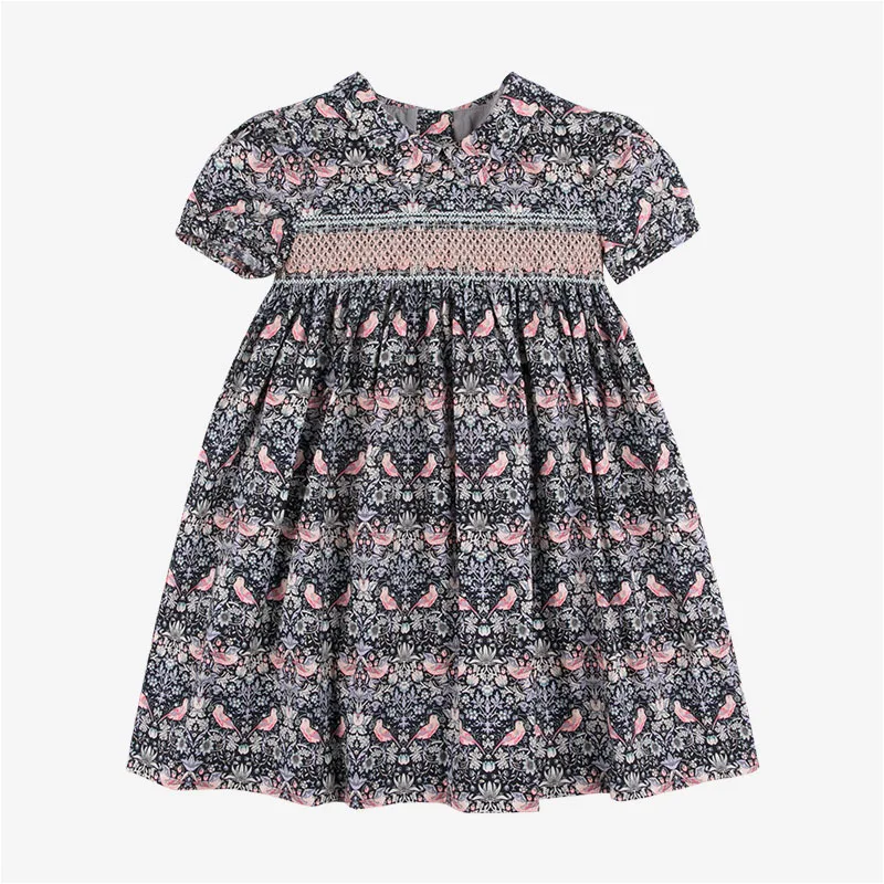 

Summer&Spring Floral Pattern Baby Girls Dress Full Print Party Boutique Smocking Bird Pattern Dress for Girls Cherry Clothes