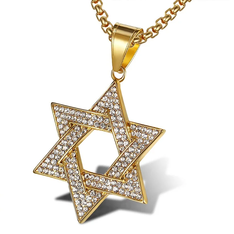

Jewish Star of David Hexagram Pendants Necklaces Gold Color Stainless Steel Bling Iced Out Hip Hop Rapper Jewelry for Men
