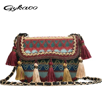 

Gykaeo National Embroidery Women Crossbody Bags Vintage Tassel Shoulder Messenger Bag Ethnic Knitting Women Day Cltuch Handbags