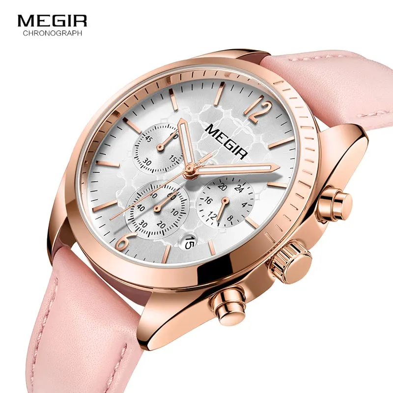 Megir Women's Luxury Dress Watches Leather Chronograph Quartz Wrist Watch Woman Lady Relogios Clock Top Brand 3Bar 2115 Pink Megir Women's Luxury Dress Watches Leather Chronograph Quartz Wrist Watch Woman Lady Relogios Clock Top Brand 3Bar 2115 Pink