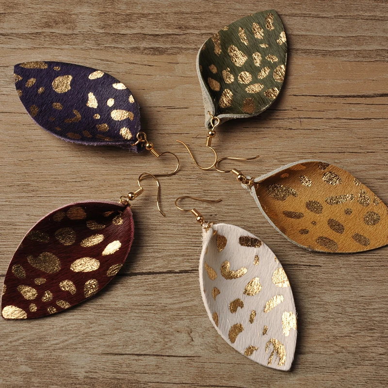 

Leopard Print Glitter Spotted Genuine Leather Teardrop Leaf Earrings Horse Hair Real Leather Petal Water Drop Earrings Jewelry