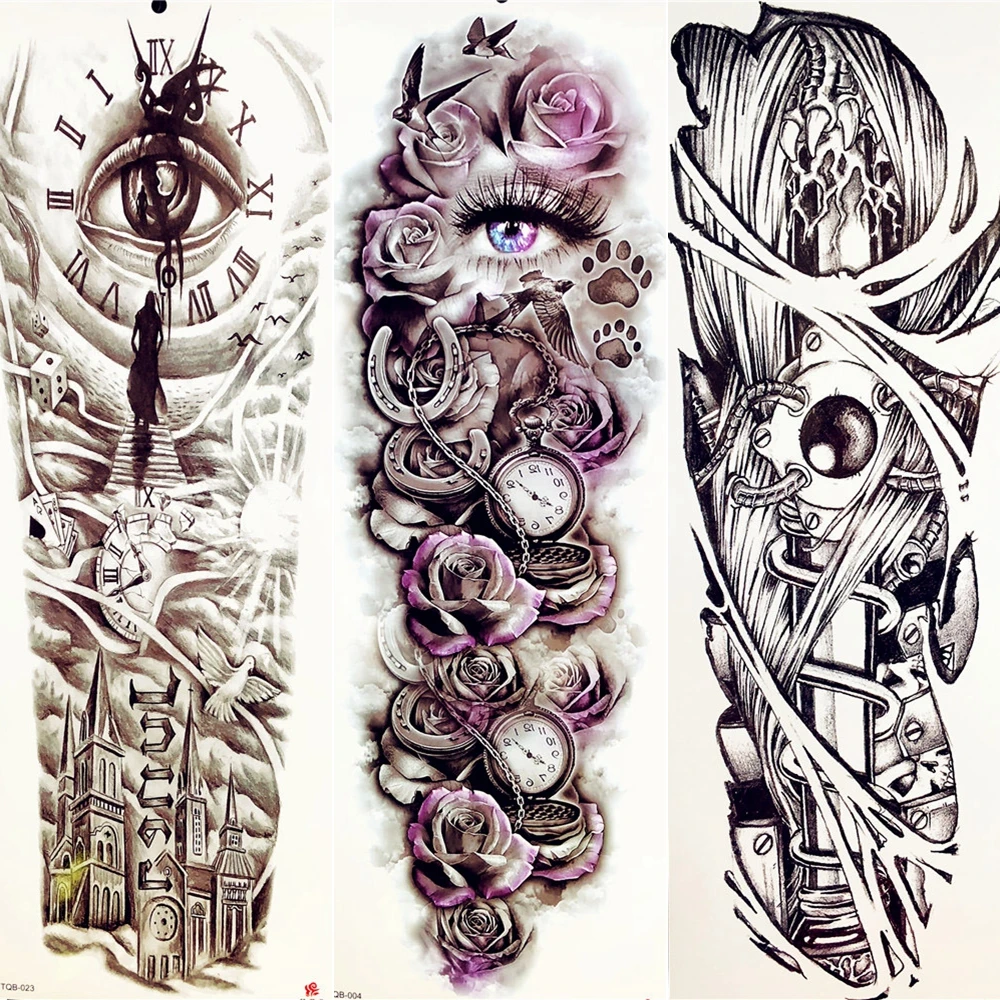 

3D Eye Bell Full Arm Temporary Tattoo Stickers Body Art Painting Handcuffs Tatoo Arm Sleeve Men Boys Large Legs Tattoo Women