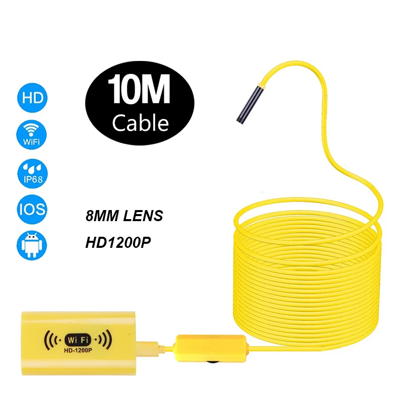 ZCF130 10 метров Жесткий желтый кабель 8 мм эндоскоп Инспекционная камера wifi Инспекционная камера эндоскоп водонепроницаемый эндоскопическая змея