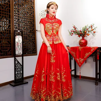 

Vintage Ladies Embroidery Flower Cheongsam Suit Red Traditional Chinese Women Wedding Dress Qipao Noble Marriage Gowns Sult 3XL