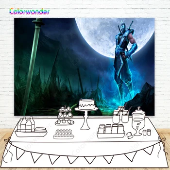 

3D Game World Muscular Warrior with Blue Armor Background Photo Sliver Moon Green Sword Dark Night Scenery Backdrops for Party