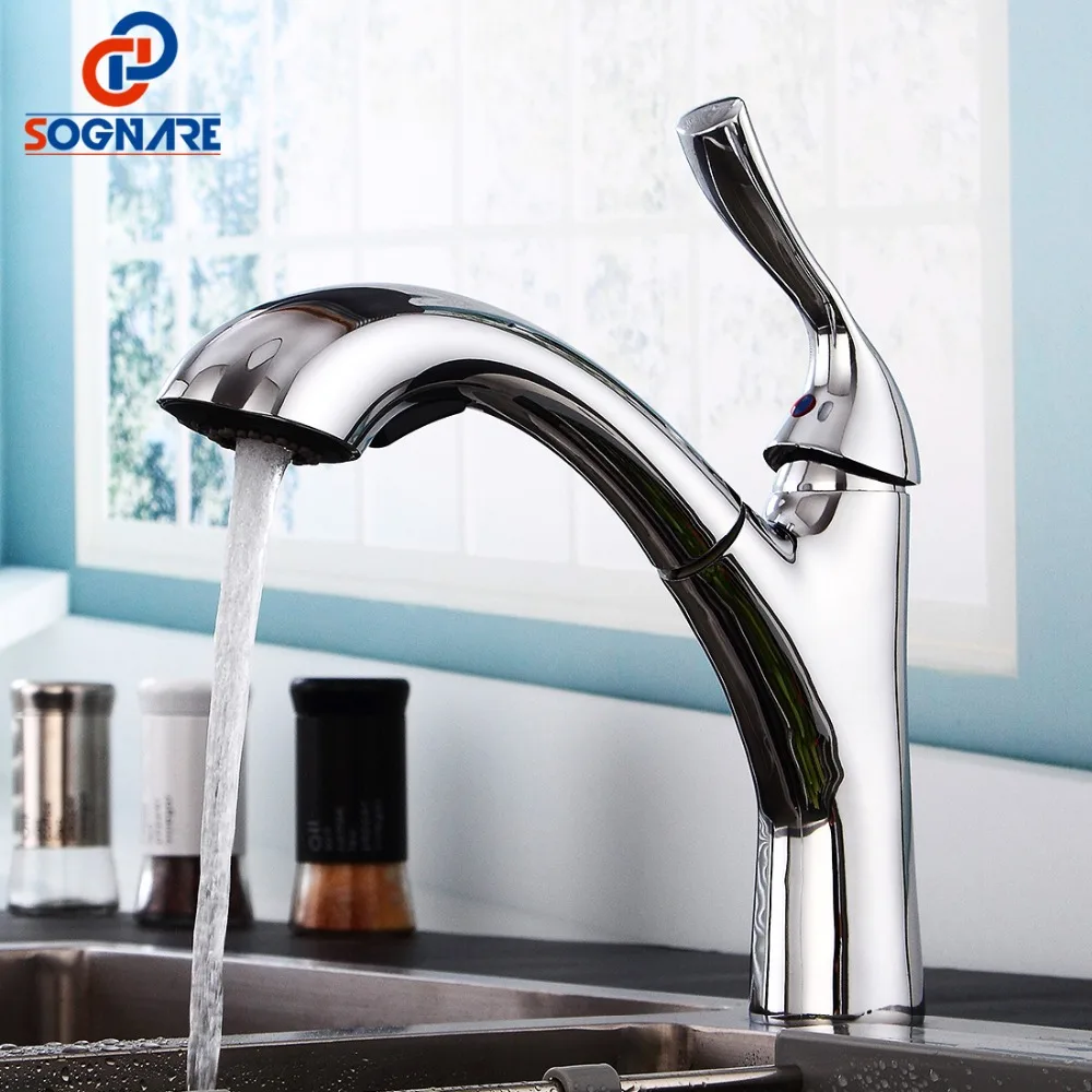 Chrome Polished Copper Kitchen Faucet Pull Out Sprayer Single