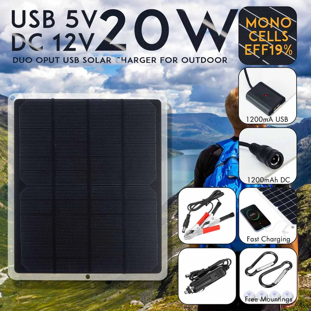 Цена LEORY USB DC 12 В 5 в солнечная панель 20 Вт наружная портативная солнечная батарея быстрое Soalr зарядное устройство для аккумулятора зарядное устро...