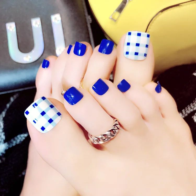 

24pcs Hot Full Nail Tips Patch Toe Decoration Nail Products Fake Nails Girls Summer Toes Fake Nails Dark Blue Orange Point ^