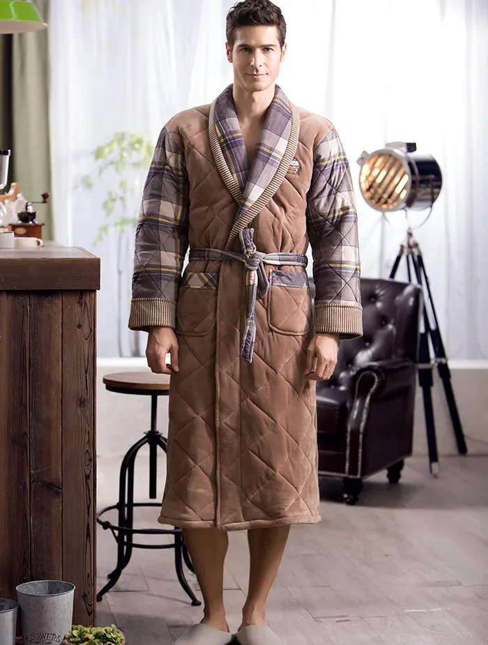 Brand Winter Bathrobe for Men British Casual Thickening Flannel Cotton Bath Robe Male Winter Home Dressing Gown With String Blet - Цвет: Khaki