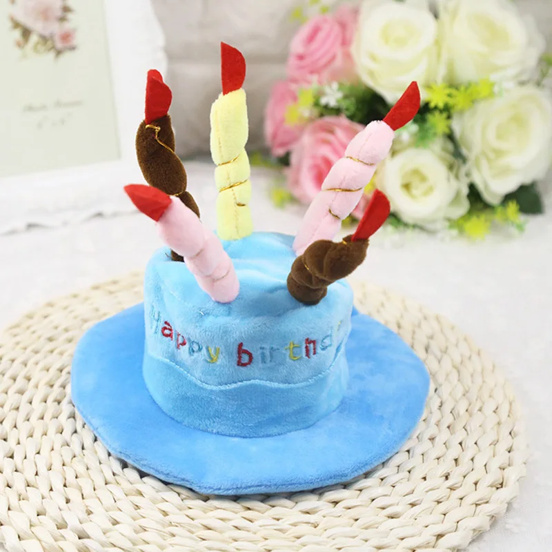 Cute Dog Pet Hat Beanies Hat with Birthday Cake Candles Gift Design Birthday Party Costume Headwear Accessory Pet Cap - Цвет: Blue